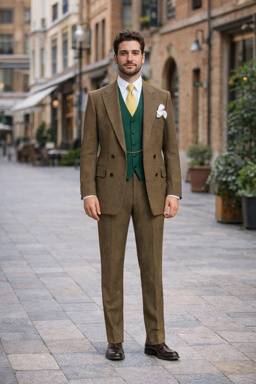 Al Capone Outfit for Men Brown Double Breasted Suit $179 + Hunter Green Vest $59