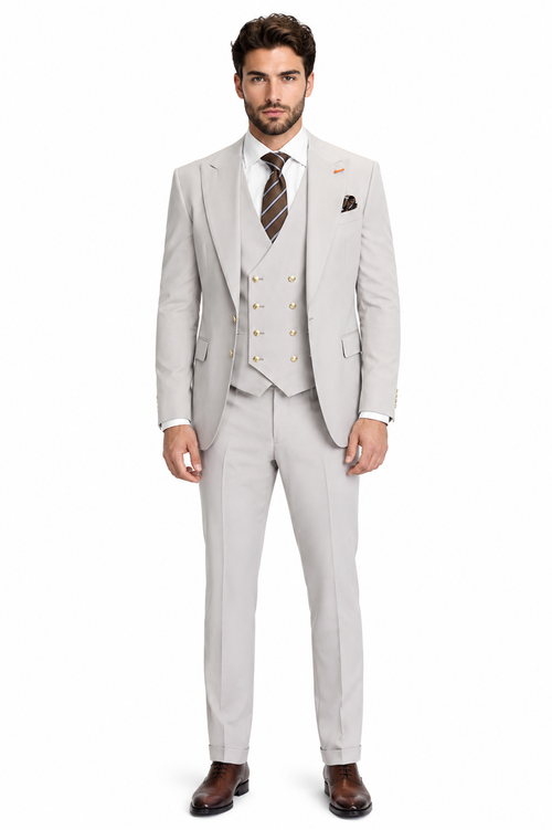 Men's Ash Statement Ticket Pocket Peak Lapel Wool Double Breasted Vest Suit with Gold Buttons – Modern Fit