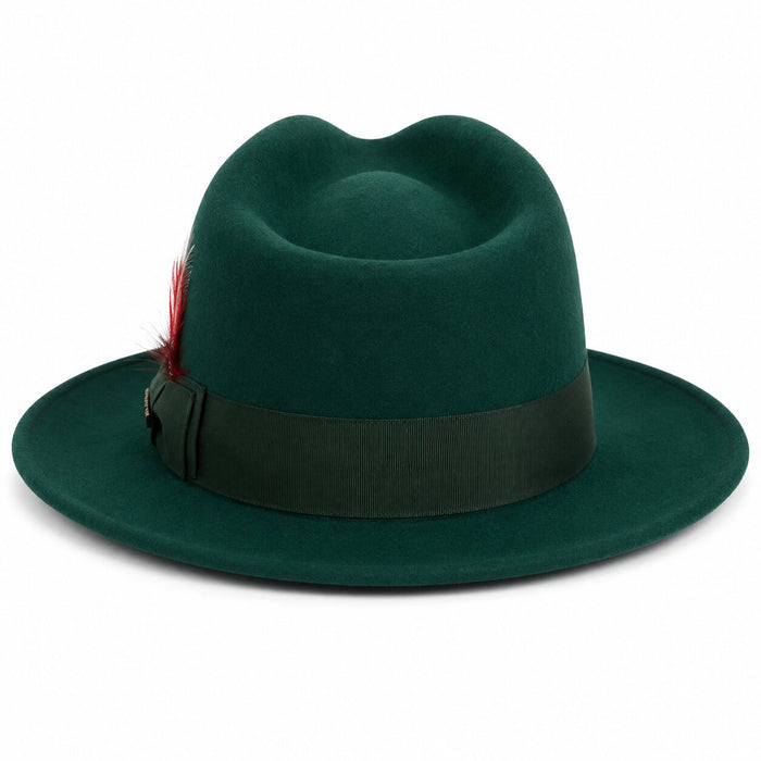 Gangster 100% Australian Wool Crushable Mens Fedora Hat - Removable Feather Gangster  Hunter Green Mens Fedora Hat