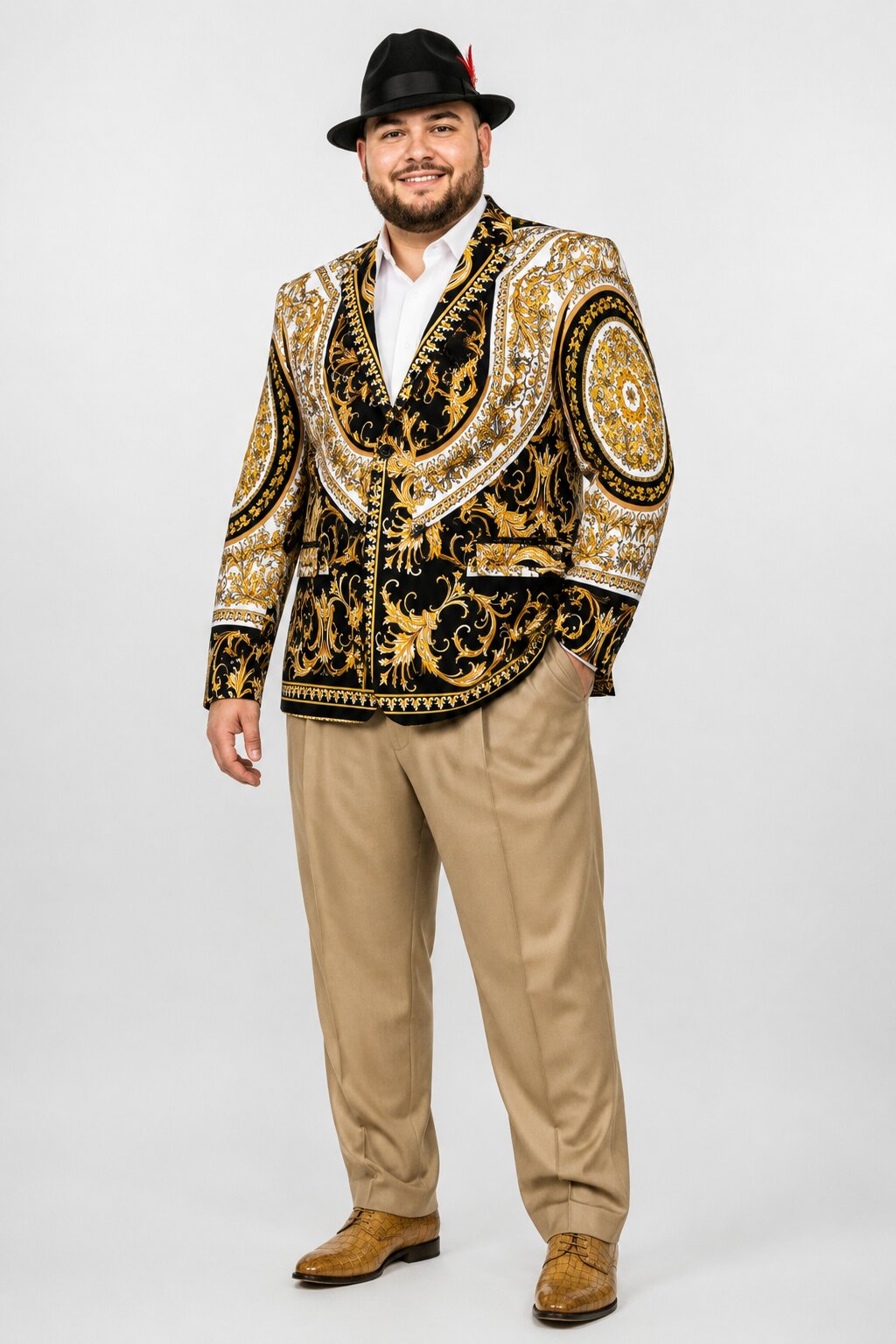 Mens Black and Gold Baroque Blazer with Matching Pants, Hat, and Shoes - Luxury Party and Wedding Outfit Set - 36 Short