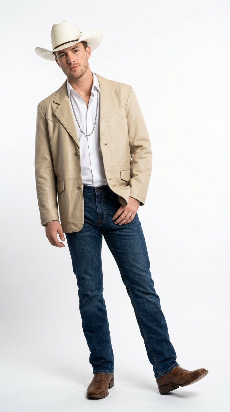 Mens Beige Sand Bone Real Leather Cowboy Western Blazer – Classic Western Style Leather Jacket Casual Formal Ranch Coat for Men - 36 Short