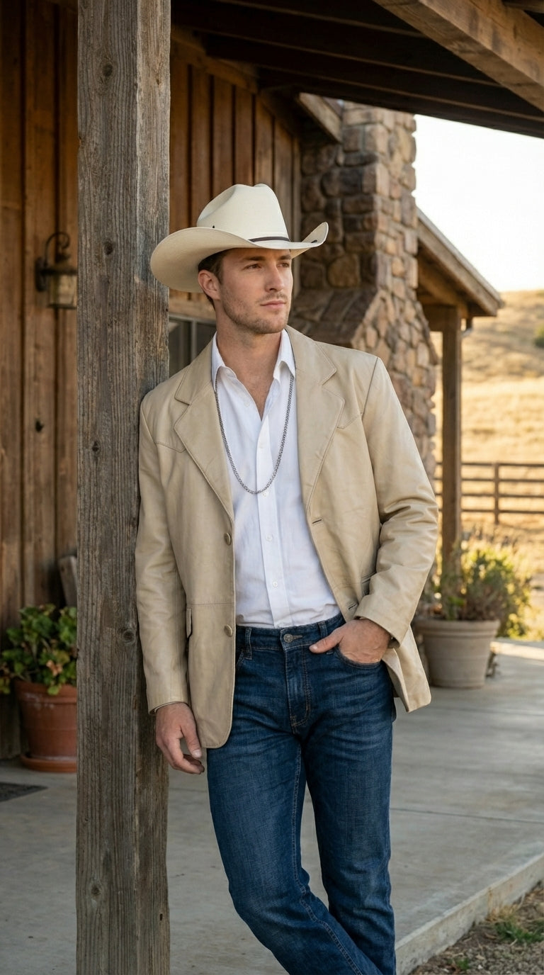 Mens Beige Sand Bone Real Leather Cowboy Western Blazer – Classic Western Style Leather Jacket Casual Formal Ranch Coat for Men - 36 Short