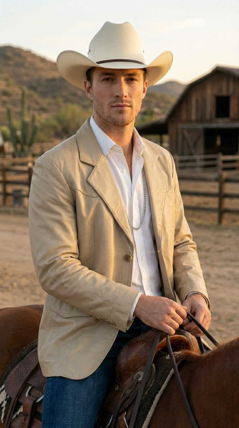 Mens Beige Sand Bone Real Leather Cowboy Western Blazer – Classic Western Style Leather Jacket Casual Formal Ranch Coat for Men - 36 Short
