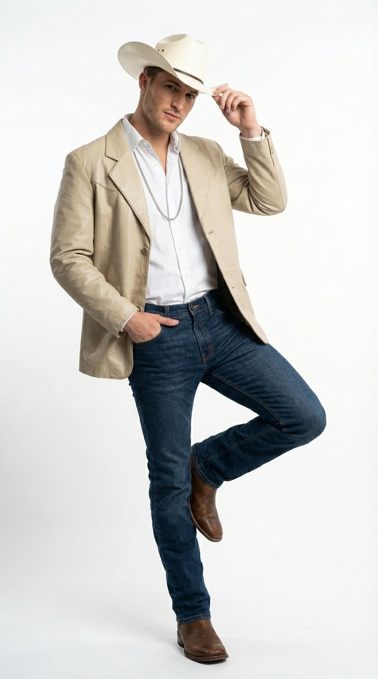 Mens Beige Sand Bone Real Leather Cowboy Western Blazer – Classic Western Style Leather Jacket Casual Formal Ranch Coat for Men - 36 Short