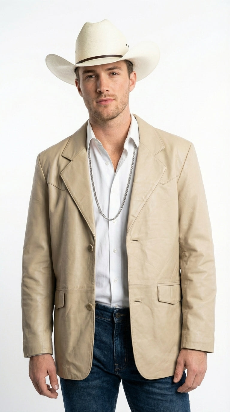 Mens Beige Sand Bone Real Leather Cowboy Western Blazer – Classic Western Style Leather Jacket Casual Formal Ranch Coat for Men - 36 Short