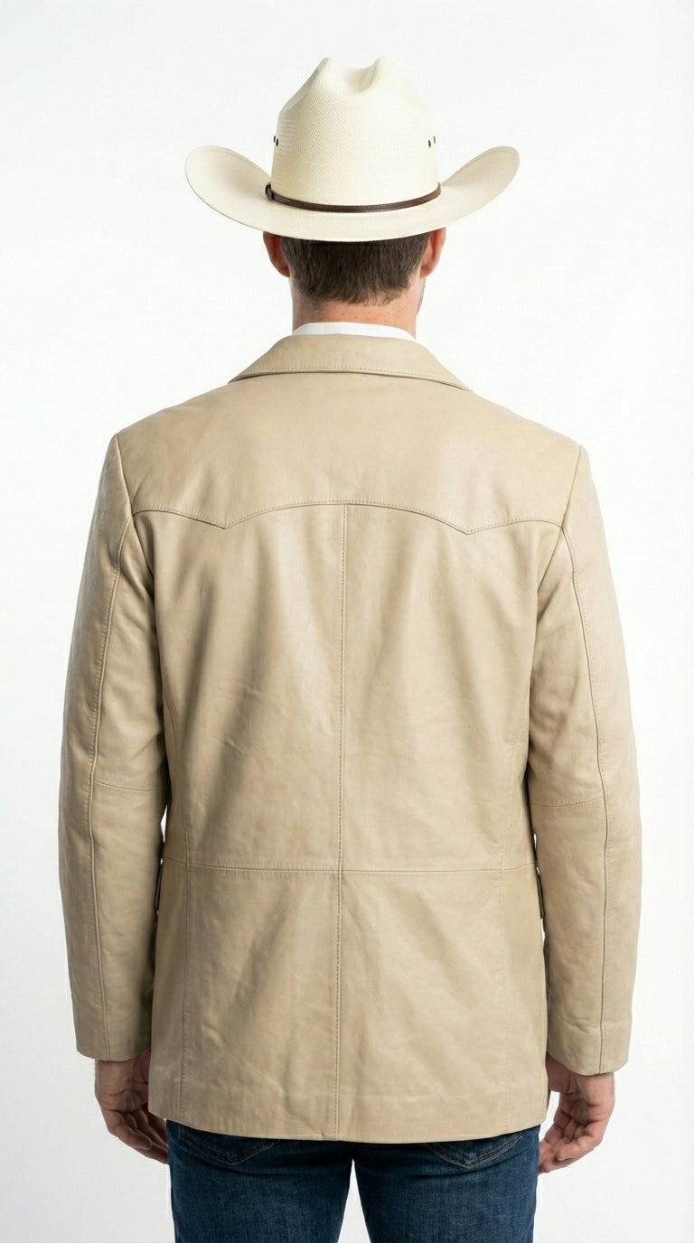 Mens Beige Sand Bone Real Leather Cowboy Western Blazer – Classic Western Style Leather Jacket Casual Formal Ranch Coat for Men - 36 Short