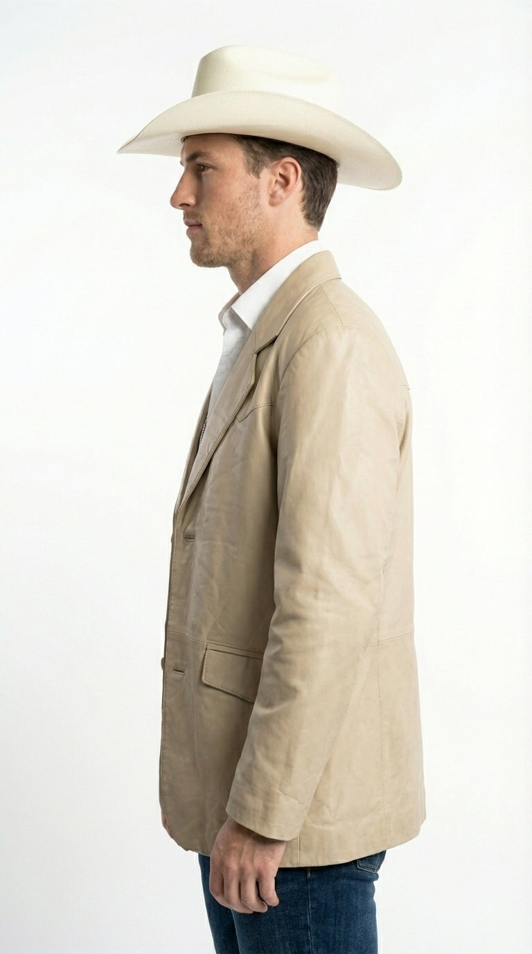 Mens Beige Sand Bone Real Leather Cowboy Western Blazer – Classic Western Style Leather Jacket Casual Formal Ranch Coat for Men - 36 Short