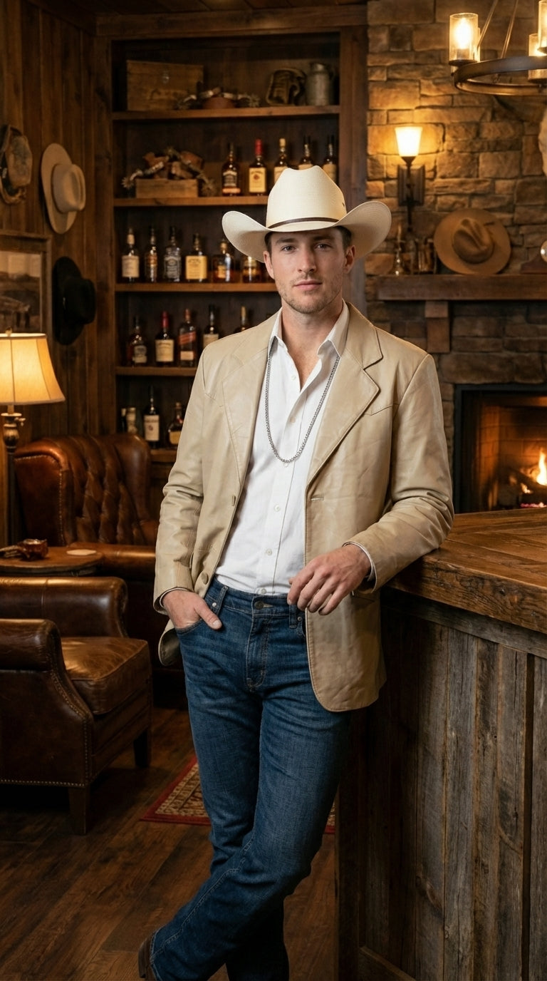 Mens Beige Sand Bone Real Leather Cowboy Western Blazer – Classic Western Style Leather Jacket Casual Formal Ranch Coat for Men - 36 Short