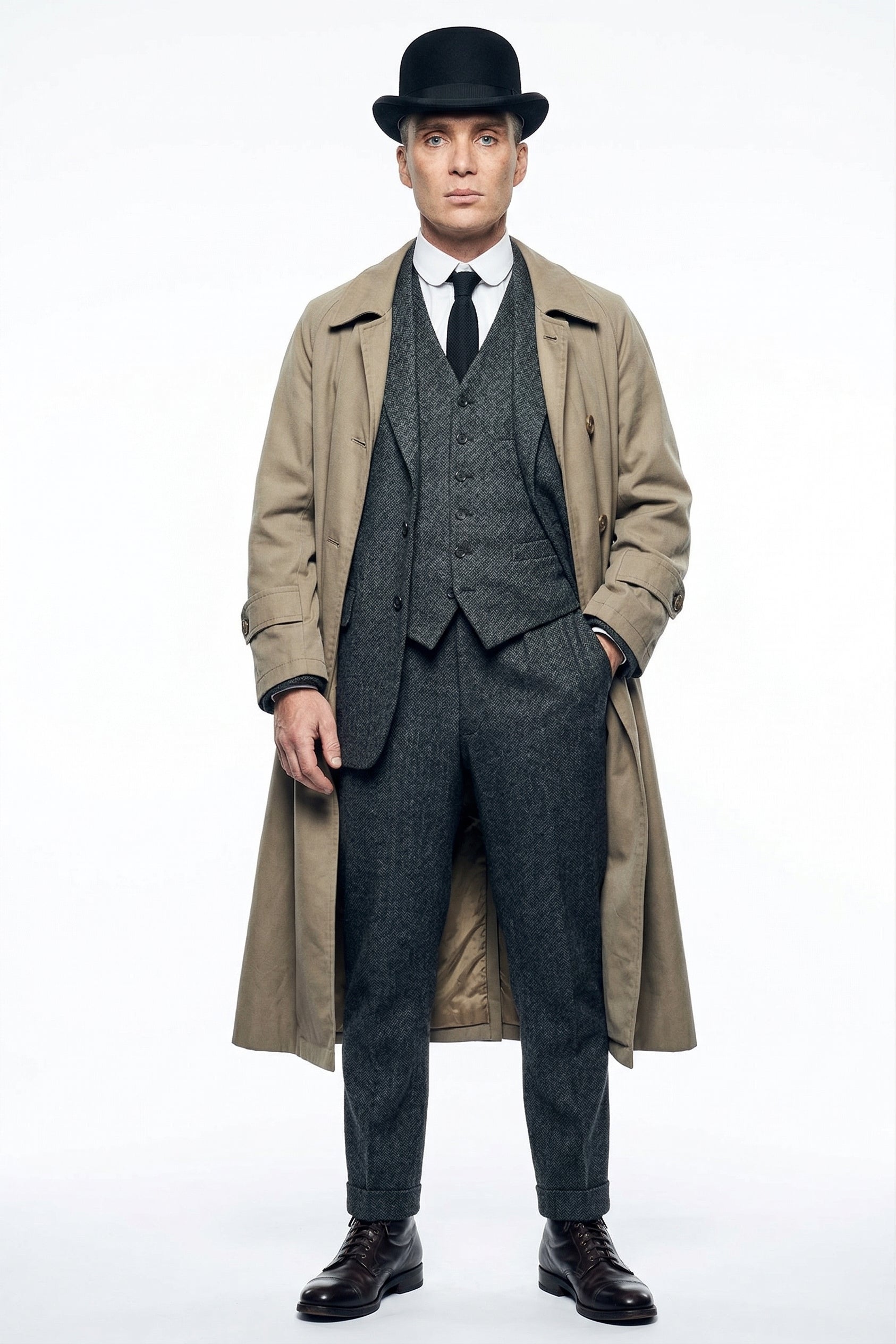 Mens Beige Vintage Style Trenchcoat Overcoat + Suit + Hat – Classic Long Trench Coat Inspired by Peaky Blinders Formal 1920s Package - Coat Size 38