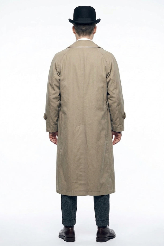 Mens Beige Vintage Style Trenchcoat Overcoat + Suit + Hat – Classic Long Trench Coat Inspired by Peaky Blinders Formal 1920s Package