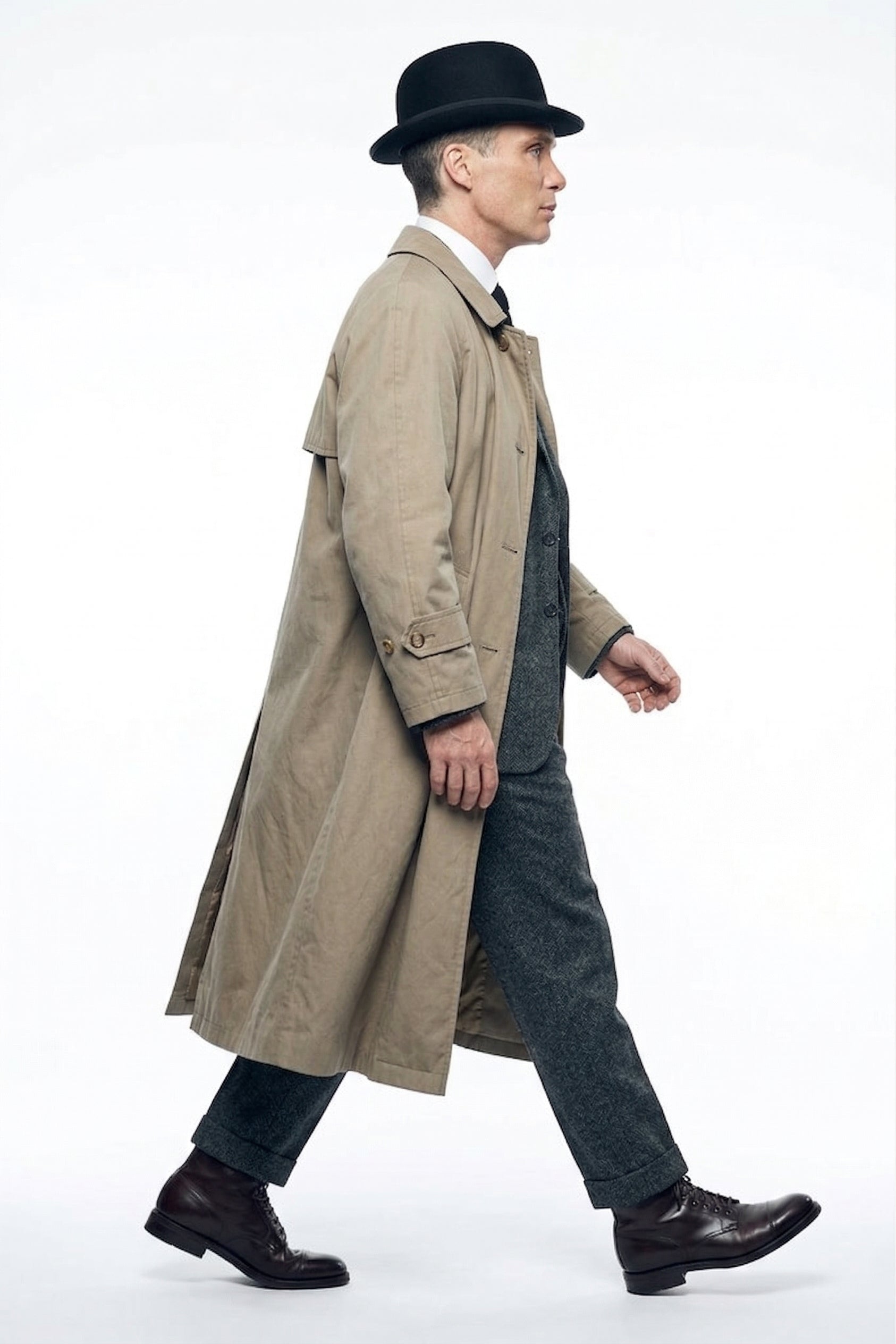 Mens Beige Vintage Style Trenchcoat Overcoat + Suit + Hat – Classic Long Trench Coat Inspired by Peaky Blinders Formal 1920s Package - Coat Size 38