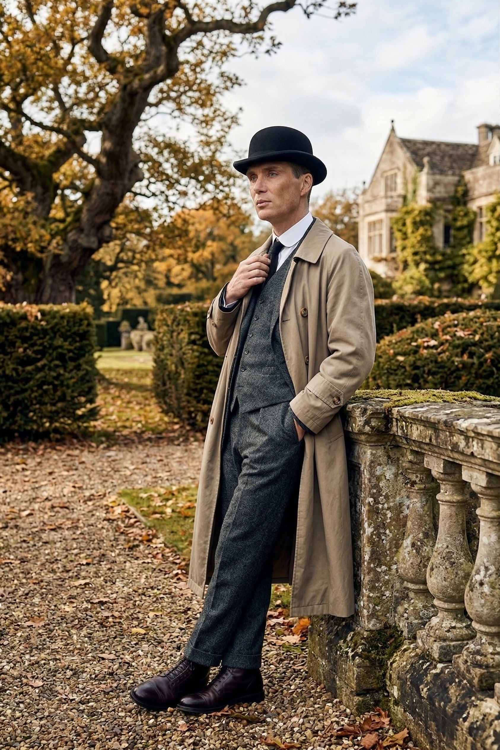 Mens Beige Vintage Style Trenchcoat Overcoat + Suit + Hat – Classic Long Trench Coat Inspired by Peaky Blinders Formal 1920s Package - Coat Size 38