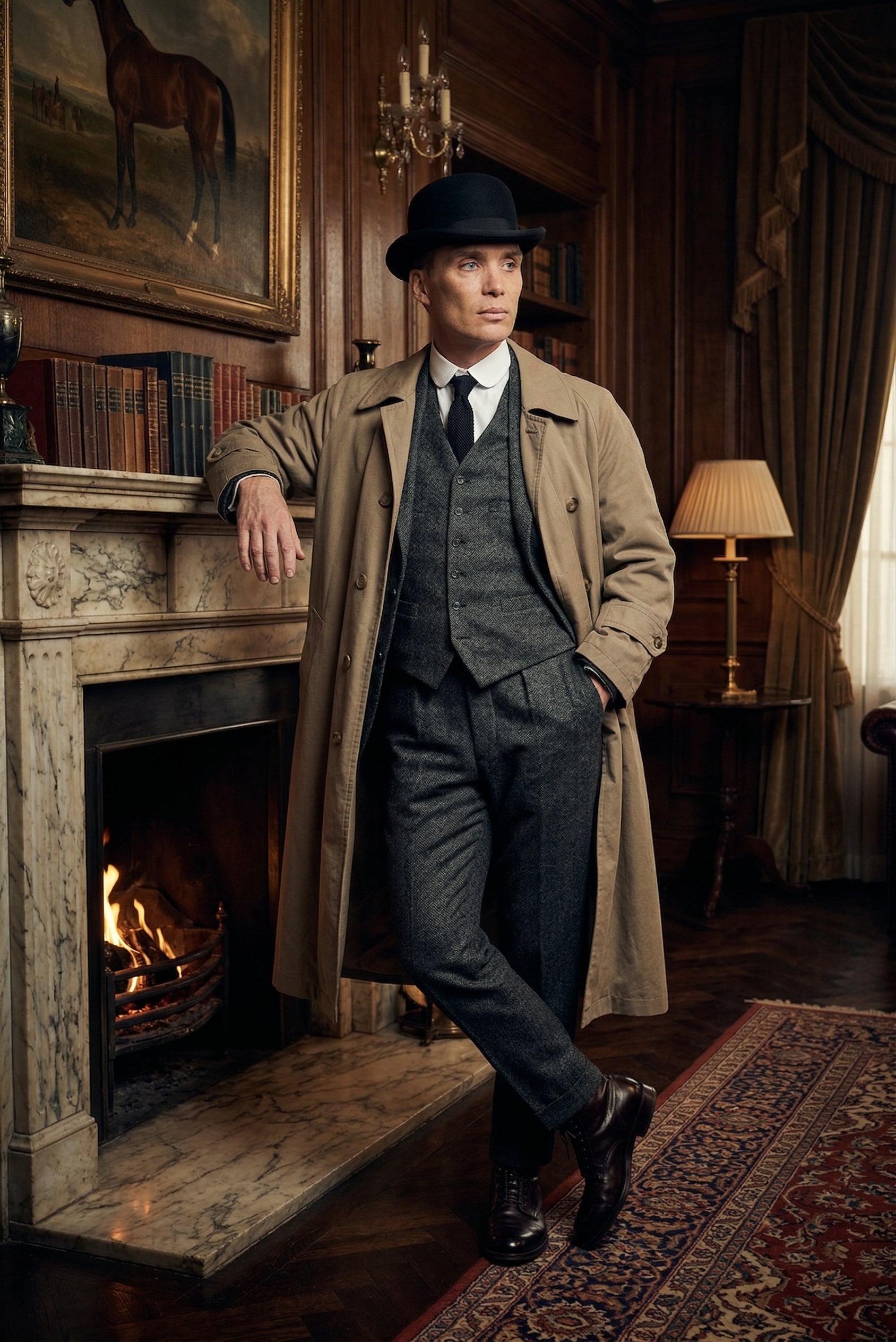 Mens Beige Vintage Style Trenchcoat Overcoat + Suit + Hat – Classic Long Trench Coat Inspired by Peaky Blinders Formal 1920s Package - Coat Size 38