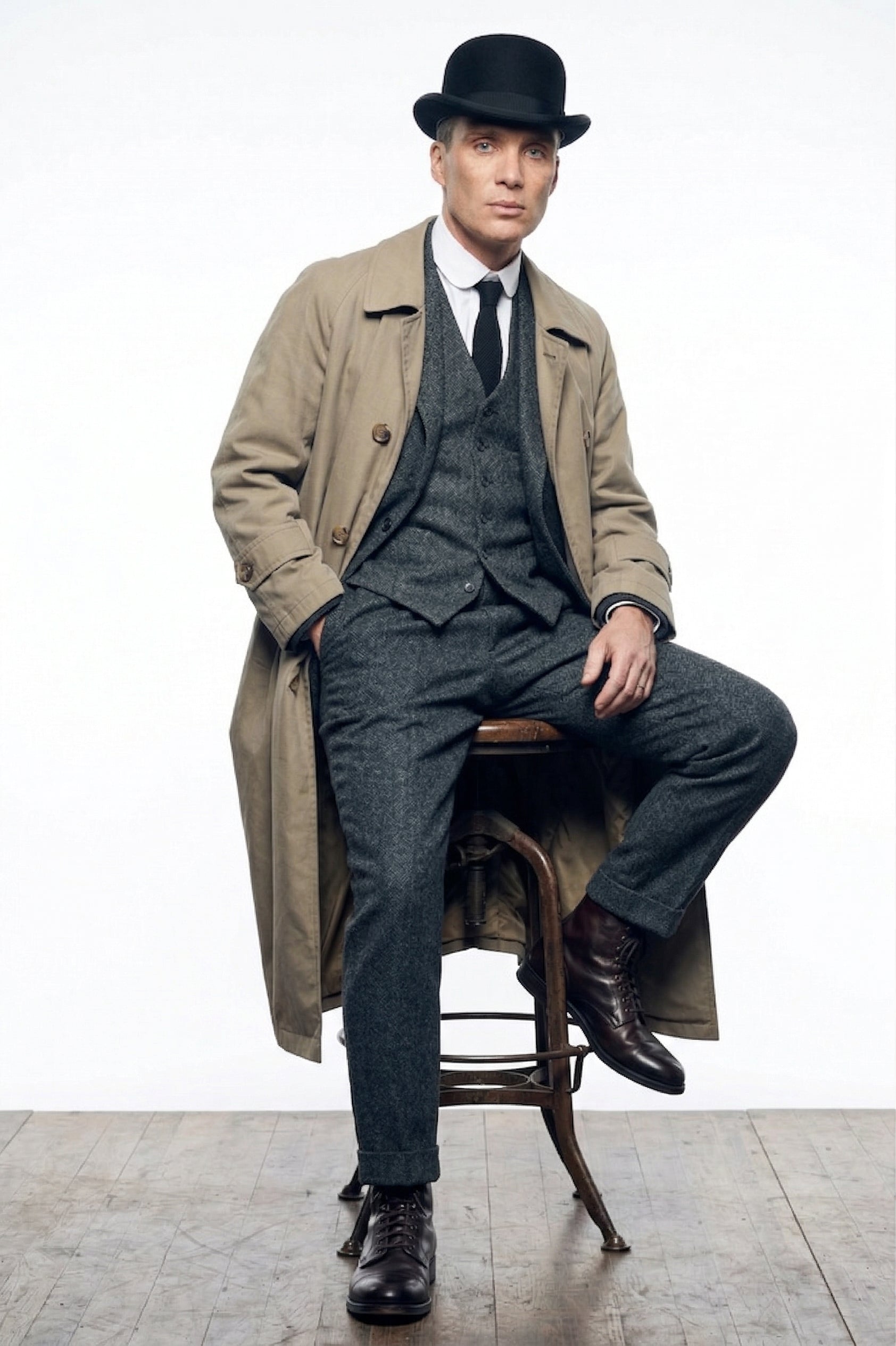 Mens Beige Vintage Style Trenchcoat Overcoat + Suit + Hat – Classic Long Trench Coat Inspired by Peaky Blinders Formal 1920s Package - Coat Size 38
