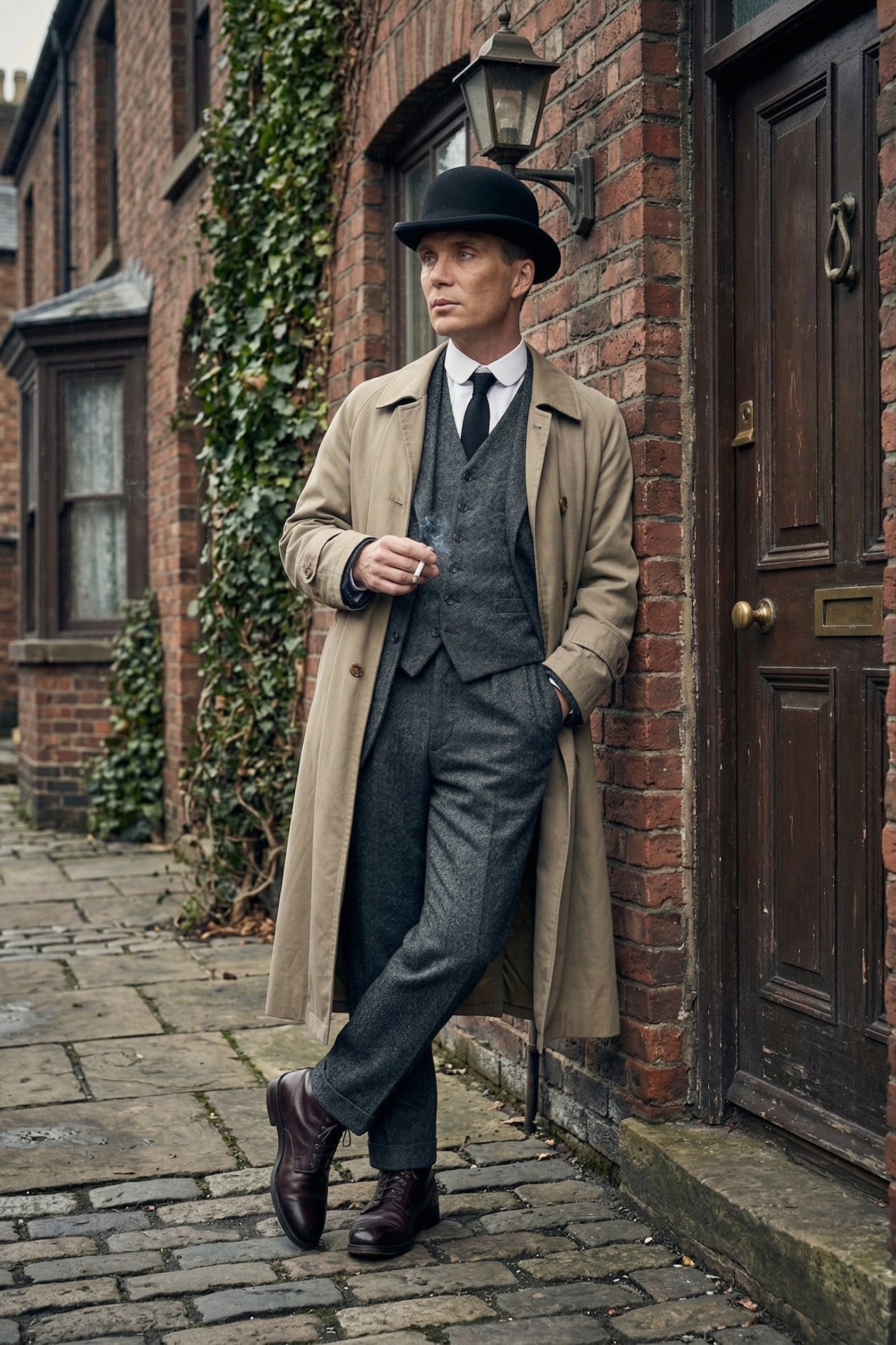 Mens Beige Vintage Style Trenchcoat Overcoat + Suit + Hat – Classic Long Trench Coat Inspired by Peaky Blinders Formal 1920s Package - Coat Size 38
