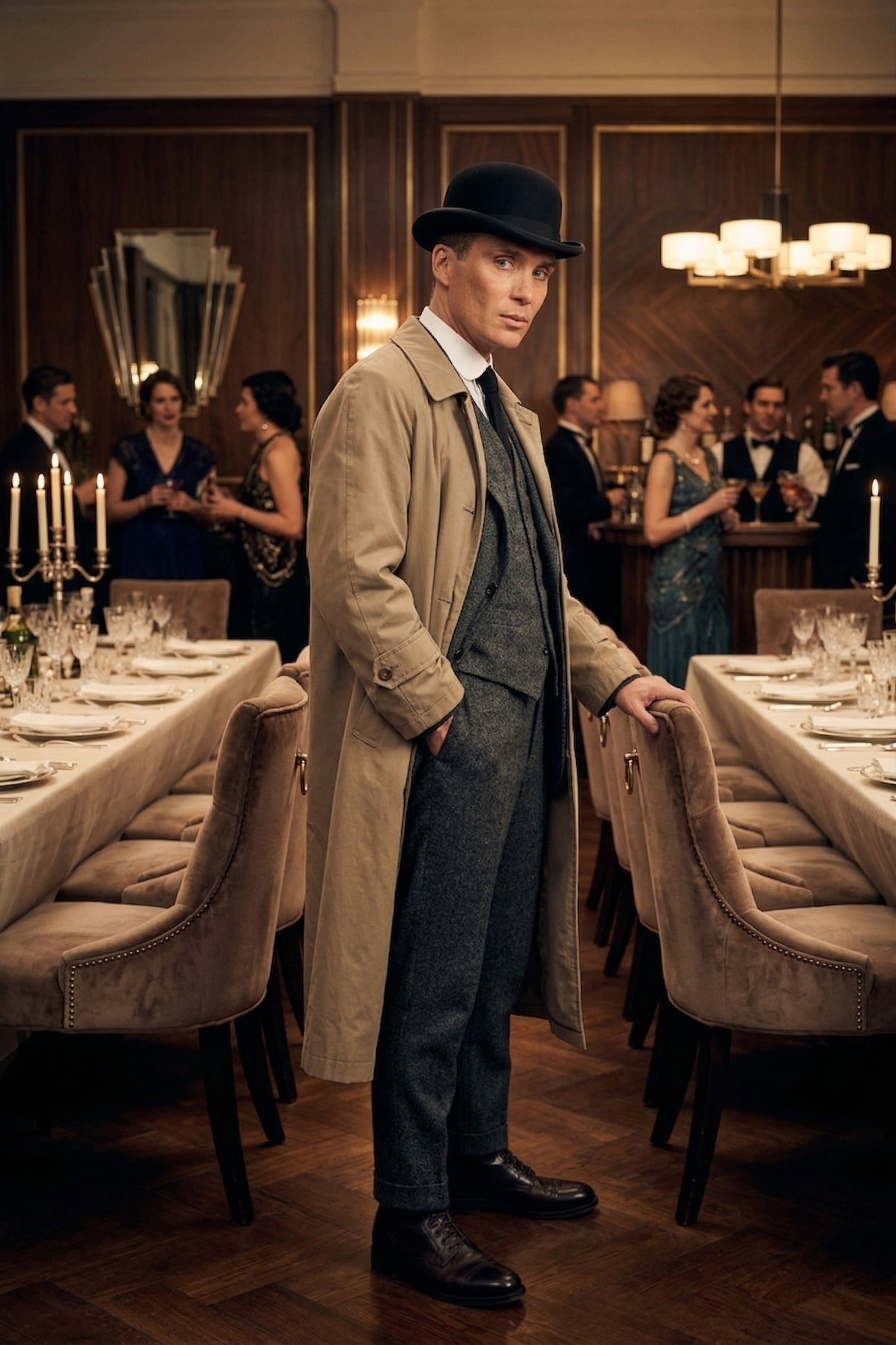 Mens Beige Vintage Style Trenchcoat Overcoat + Suit + Hat – Classic Long Trench Coat Inspired by Peaky Blinders Formal 1920s Package - Coat Size 38