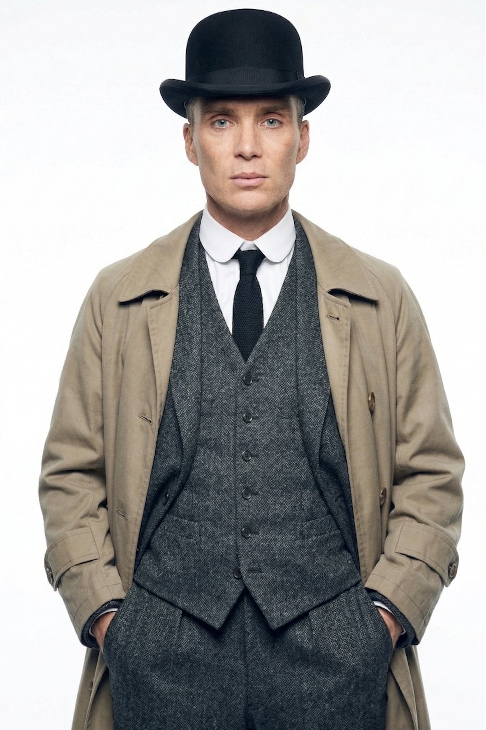 Mens Beige Vintage Style Trenchcoat Overcoat + Suit + Hat – Classic Long Trench Coat Inspired by Peaky Blinders Formal 1920s Package