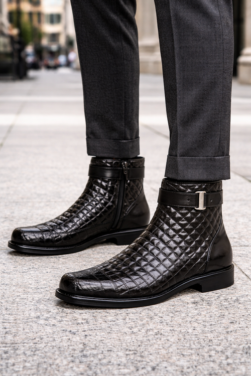 Mens Belvedere Libero Quilted Caiman Dress Boot in Brown-New Designer Collection