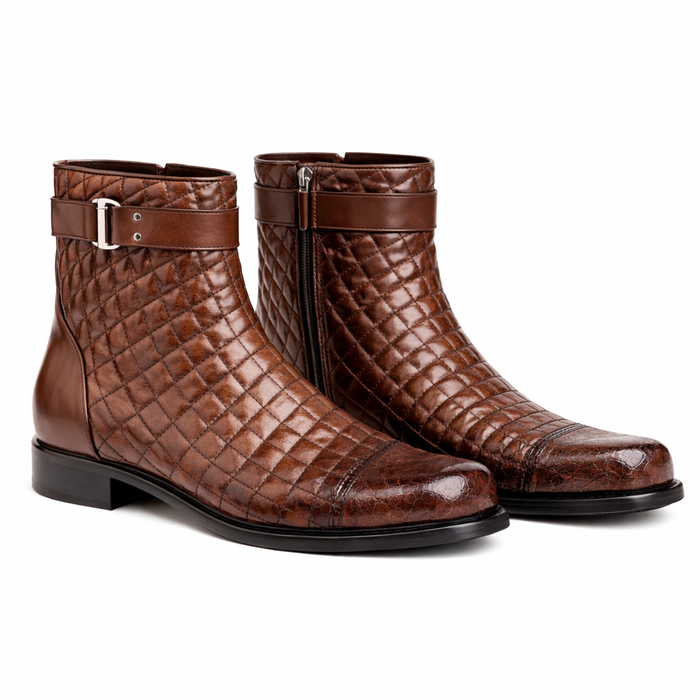 Mens Belvedere Libero Quilted Caiman Dress Boot in Brown-New Designer Collection