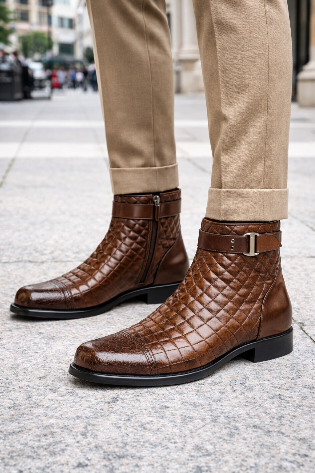 Mens Belvedere Libero Quilted Caiman Dress Boot in Brown-New Designer Collection