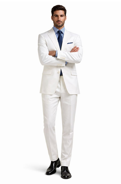 Mens Big and Tall Linen Suits - White 2 Button Tapered  Summer Fabric Suit