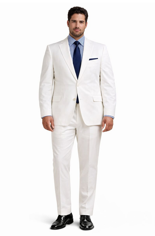 Mens Big and Tall Linen Suits - White 2 Button Tapered  Summer Fabric Suit