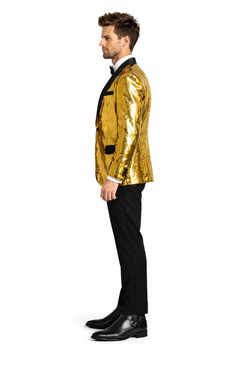 Mens Big and Tall Sequin Blazer - Shiny Fancy Sport Coat + Matching Bowtie + Gold Tuxedo-New Designer Collection - One size