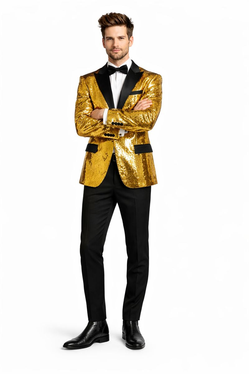 Mens Big and Tall Sequin Blazer - Shiny Fancy Sport Coat + Matching Bowtie + Gold Tuxedo-New Designer Collection - One size