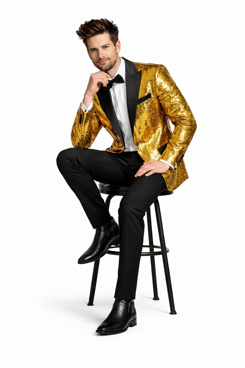 Mens Big and Tall Sequin Blazer - Shiny Fancy Sport Coat + Matching Bowtie + Gold Tuxedo-New Designer Collection - One size
