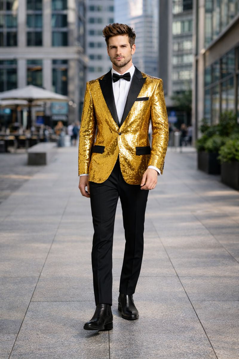 Mens Big and Tall Sequin Blazer - Shiny Fancy Sport Coat + Matching Bowtie + Gold Tuxedo-New Designer Collection - One size