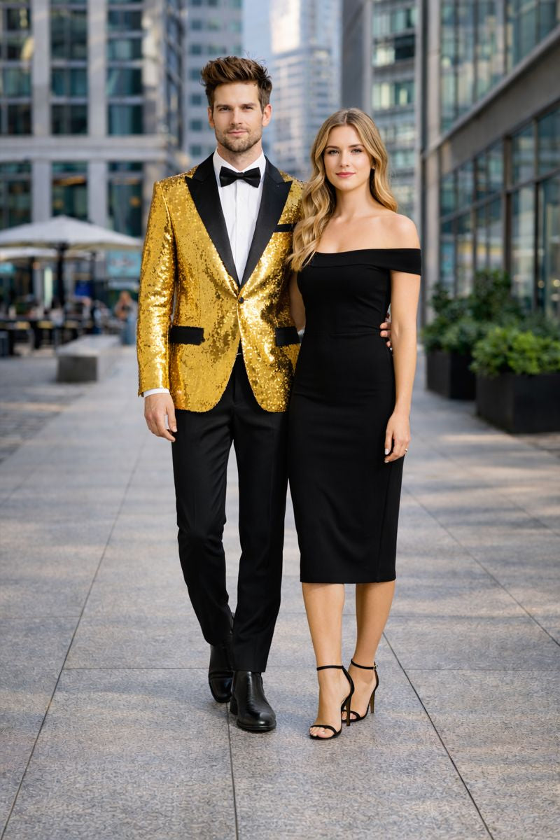 Mens Big and Tall Sequin Blazer - Shiny Fancy Sport Coat + Matching Bowtie + Gold Tuxedo-New Designer Collection - One size
