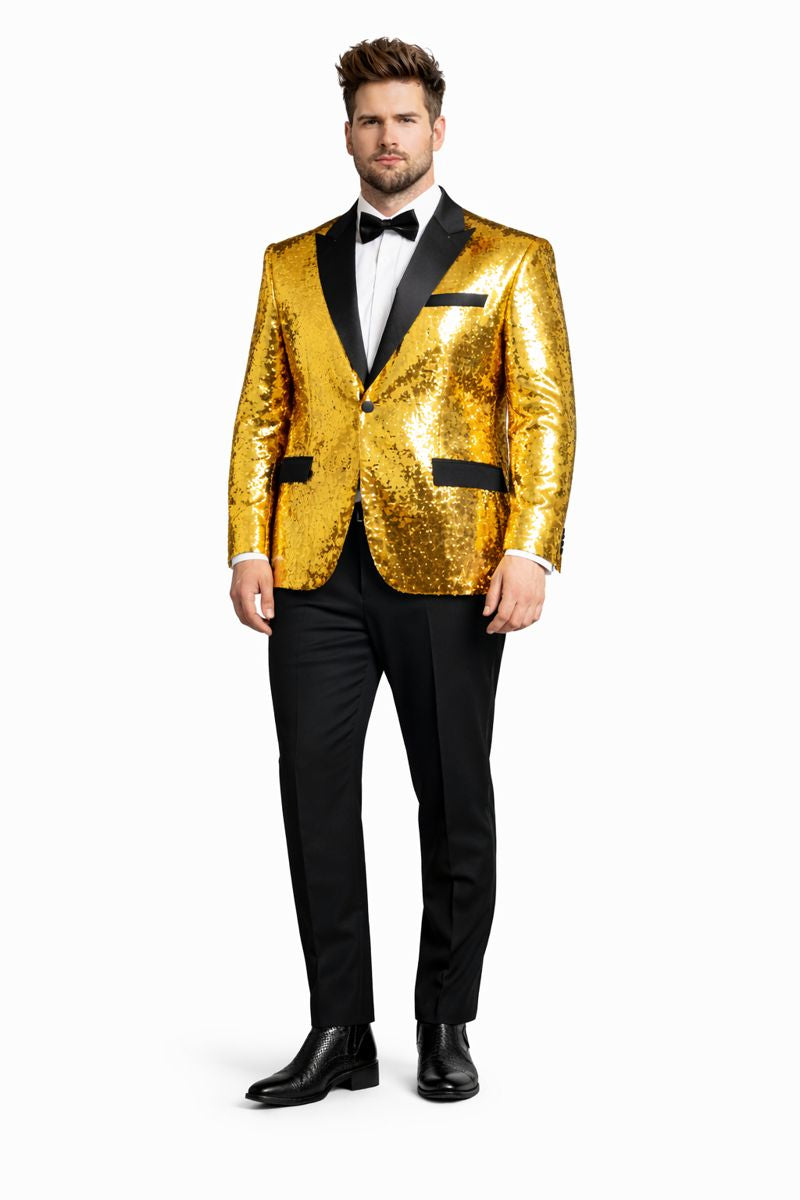 Mens Big and Tall Sequin Blazer - Shiny Fancy Sport Coat + Matching Bowtie + Gold Tuxedo-New Designer Collection - One size