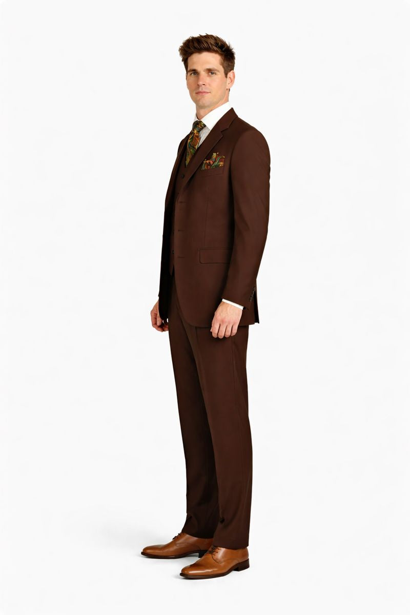 Mens Classic Fit 3 Button Vested Single Pleated Pant Suit in Chocolate Brown-New Designer Collection - 34 Regular