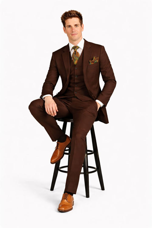 Mens Classic Fit 3 Button Vested Single Pleated Pant Suit in Chocolate Brown-New Designer Collection