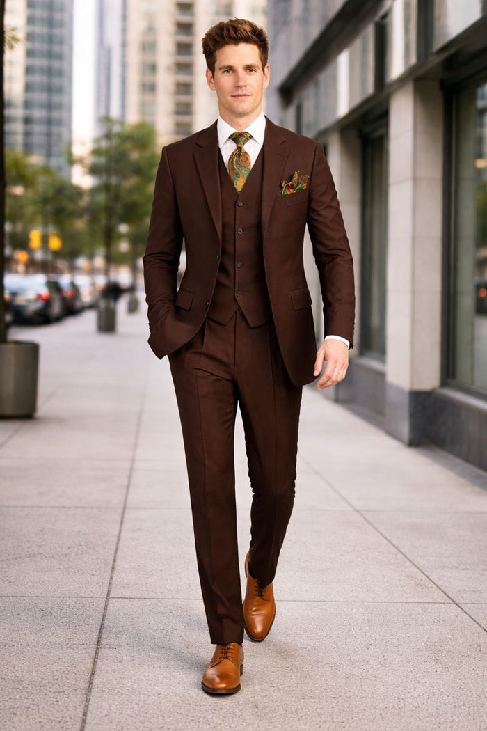 Mens Classic Fit 3 Button Vested Single Pleated Pant Suit in Chocolate Brown-New Designer Collection