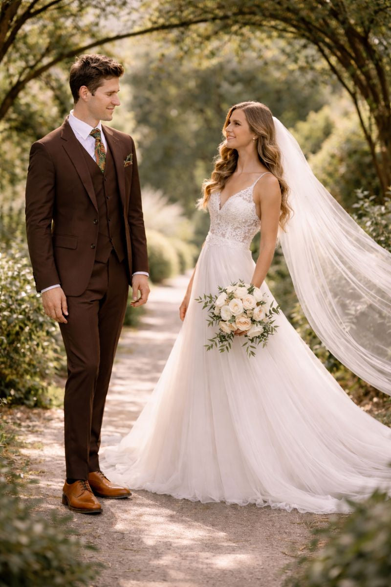 Mens Classic Fit 3 Button Vested Single Pleated Pant Suit in Chocolate Brown-New Designer Collection - 34 Regular