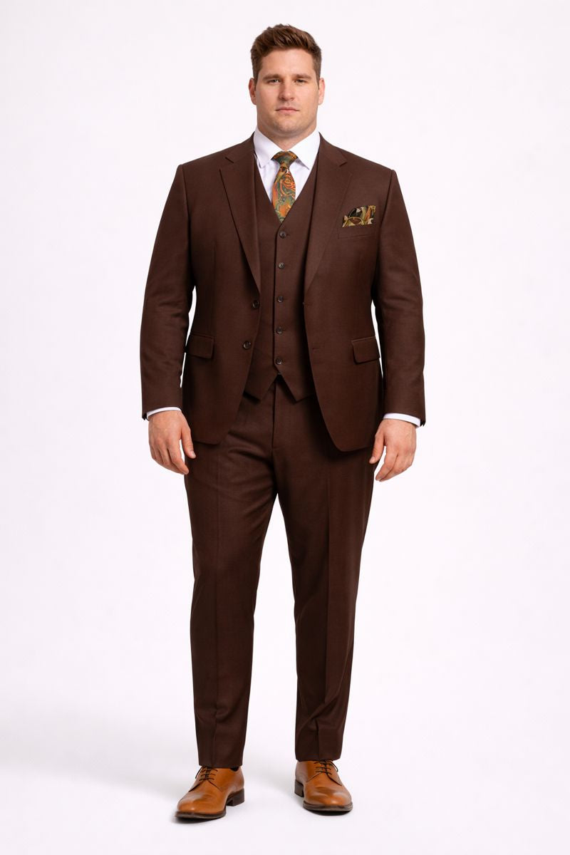 Mens Classic Fit 3 Button Vested Single Pleated Pant Suit in Chocolate Brown-New Designer Collection - 34 Regular