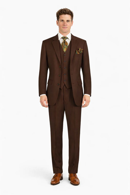 Mens Classic Fit 3 Button Vested Single Pleated Pant Suit in Chocolate Brown-New Designer Collection