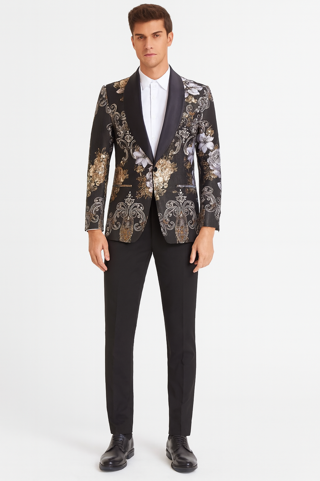 Men’s Black and Gold and Silver Floral Jacquard Blazer with Satin Shawl Lapel Tuxedo Suit With Black Pants with Bowtie - S