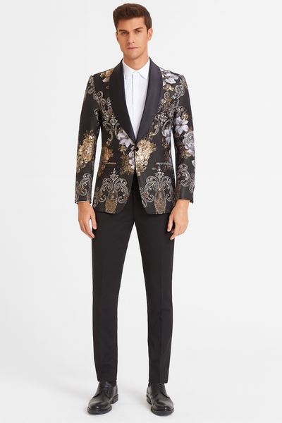 Mens Black and Gold and Silver Floral Jacquard Blazer with Satin Shawl Lapel Tuxedo Suit With Black Pants with Bowtie