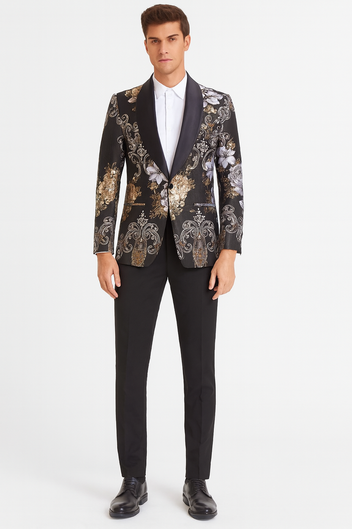 Mens Black and Gold and Silver Floral Jacquard Blazer with Satin Shawl Lapel Tuxedo Suit With Black Pants with Bowtie