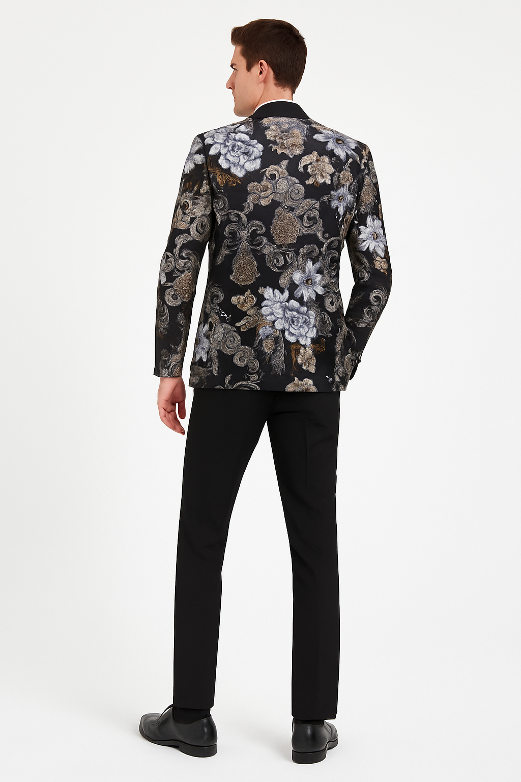 Men’s Black and Gold and Silver Floral Jacquard Blazer with Satin Shawl Lapel Tuxedo Suit With Black Pants with Bowtie - S