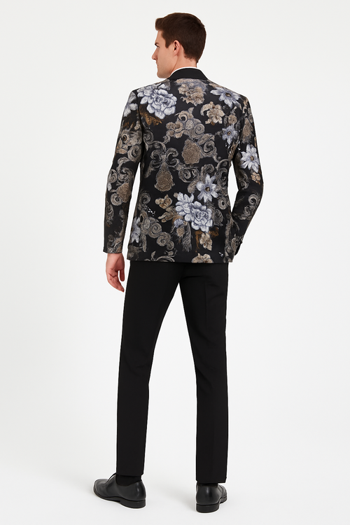 Mens Black and Gold and Silver Floral Jacquard Blazer with Satin Shawl Lapel Tuxedo Suit With Black Pants with Bowtie