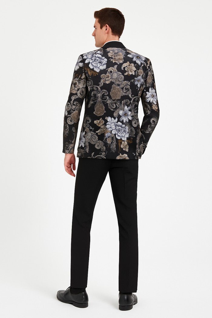 Mens Black and Gold and Silver Floral Jacquard Blazer with Satin Shawl Lapel Tuxedo Suit With Black Pants with Bowtie