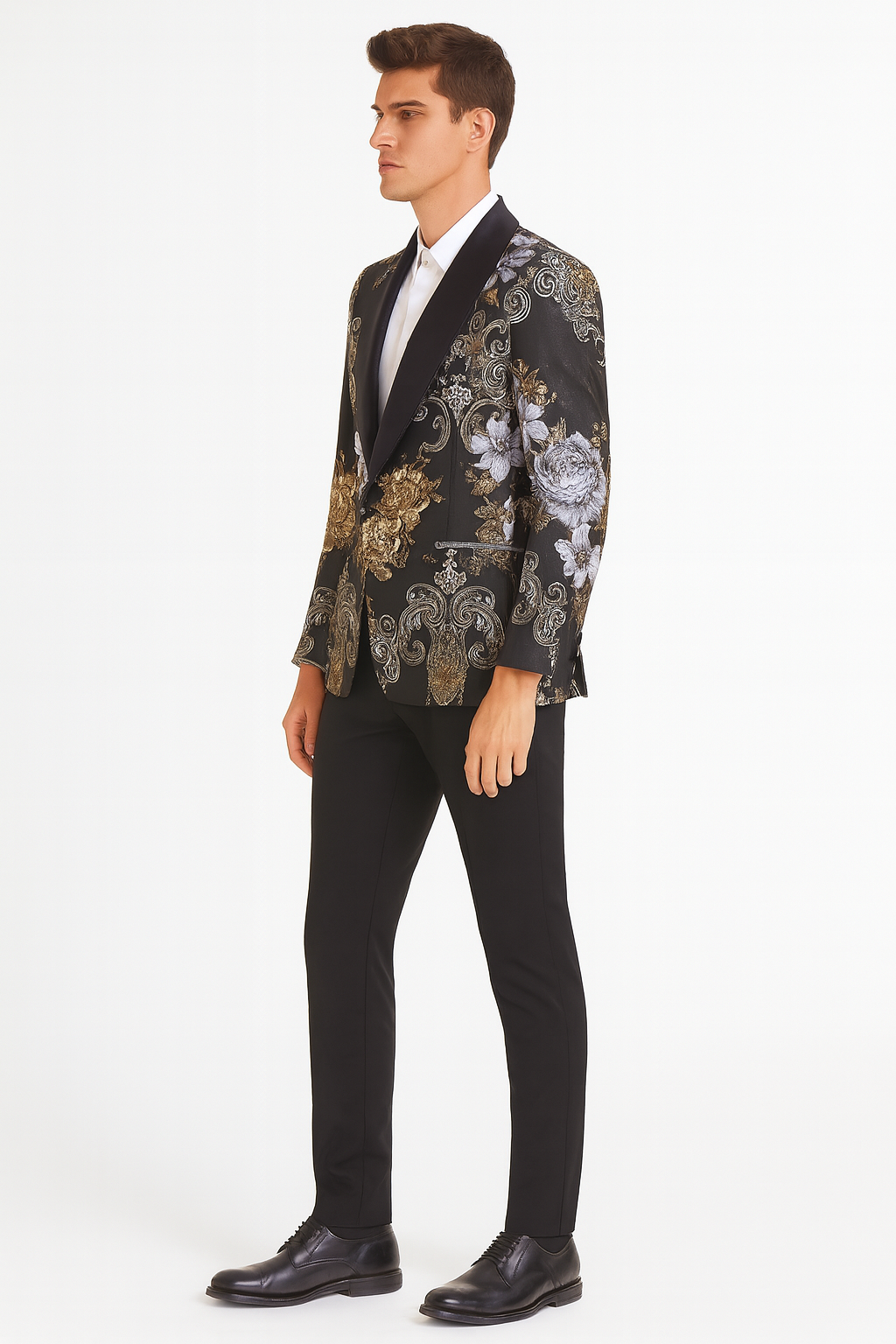 Men’s Black and Gold and Silver Floral Jacquard Blazer with Satin Shawl Lapel Tuxedo Suit With Black Pants with Bowtie - S