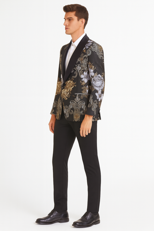 Mens Black and Gold and Silver Floral Jacquard Blazer with Satin Shawl Lapel Tuxedo Suit With Black Pants with Bowtie
