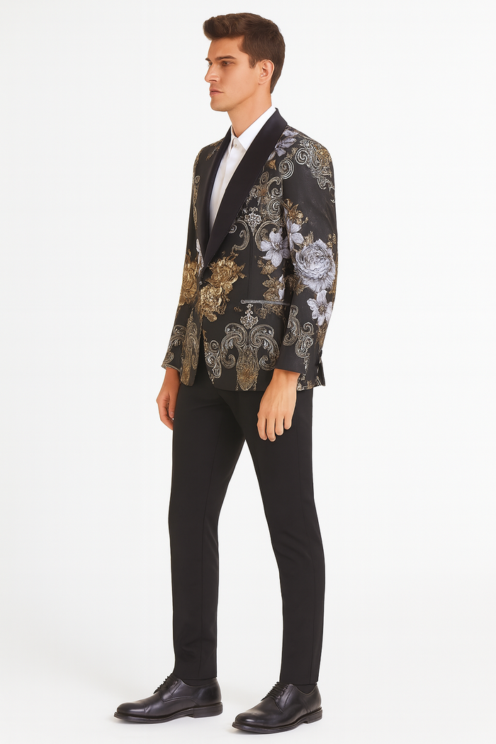 Mens Black and Gold and Silver Floral Jacquard Blazer with Satin Shawl Lapel Tuxedo Suit With Black Pants with Bowtie