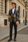 Men’s Black and Gold and Silver Floral Jacquard Blazer with Satin Shawl Lapel Tuxedo Suit With Black Pants with Bowtie