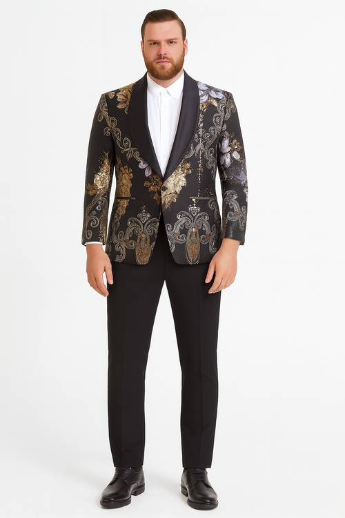 Mens Black and Gold and Silver Floral Jacquard Blazer with Satin Shawl Lapel Tuxedo Suit With Black Pants with Bowtie