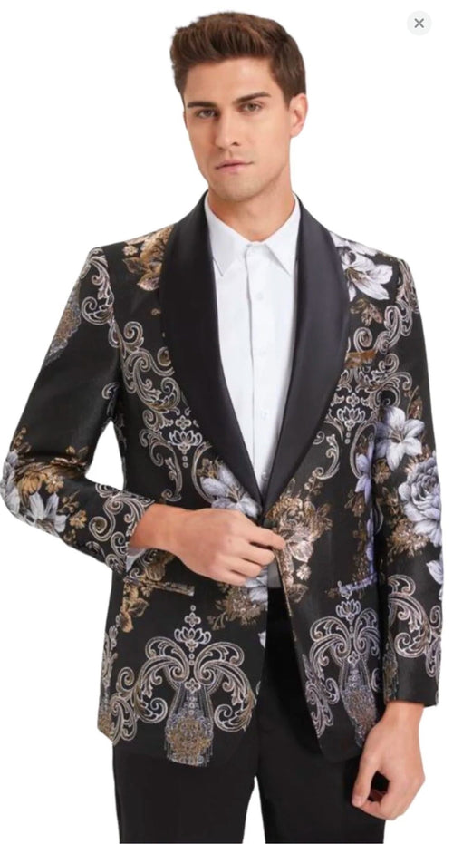 Mens Black and Gold and Silver Floral Jacquard Blazer with Satin Shawl Lapel Tuxedo Suit With Black Pants with Bowtie